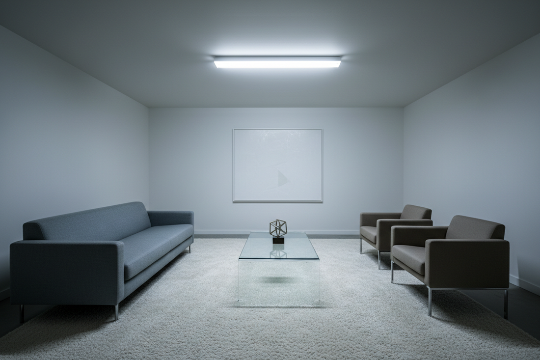 A living room with harsh overhead lighting that feels clinical and uncomfortable