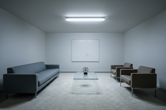 A living room with harsh overhead lighting that feels clinical and uncomfortable