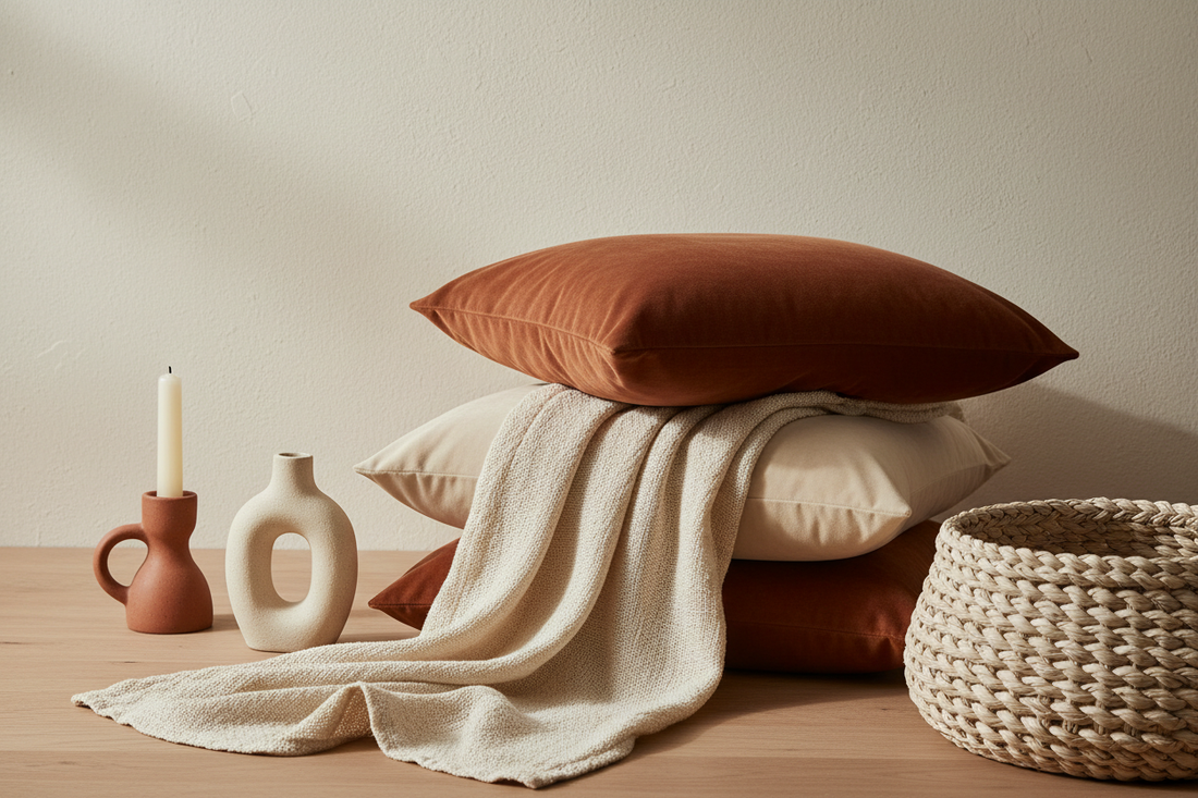 A curated collection of soft decor pieces including velvet cushions, a ceramic vase, woven basket, and candle holders in warm neutral tones