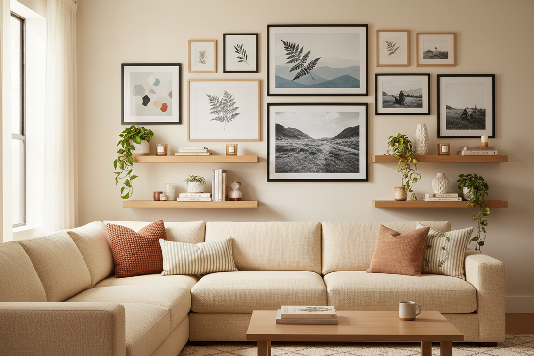 The Cozy Gallery Wall Living Room: Floating Shelves, Framed Art & Throw Pillows