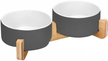 SPUNKYJUNKY Ceramic Dog and Cat Bowl Set with Wooden Stand, Modern Cute Weighted Food Water Set for Small Size Dogs (13.5OZ) & Medium Sized Dogs (28.7OZ) & Cats (3.6 Cups, 2 × White-Grey)-Mewly Pet