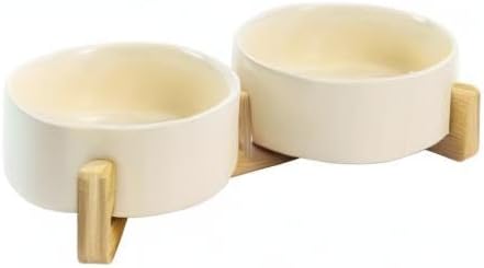 SPUNKYJUNKY Ceramic Dog and Cat Bowl Set with Wooden Stand, Modern Cute Weighted Food Water Set for Small Size Dogs (13.5OZ) & Medium Sized Dogs (28.7OZ) & Cats (1.7 Cups, 2 × Beige)-Mewly Pet