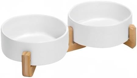 SPUNKYJUNKY Ceramic Dog and Cat Bowl with Wood Stand Non-Slip Matte Glaze Weighted Food Water Set for Cats &Small Dogs 13.5 OZ-Mewly Pet