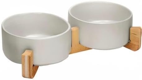 SPUNKYJUNKY Ceramic Dog and Cat Bowl Set with Wooden Stand, Modern Cute Weighted Food Water Set for Large Size Dogs (7.6 Cups, 2 × Grey)-Mewly Pet
