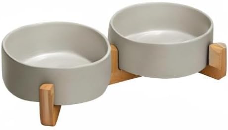 SPUNKYJUNKY Ceramic Dog and Cat Bowl with Wood Stand Non-Slip Matte Glaze Weighted Food Water Set for Cats &Small Dogs 13.5OZ-Mewly Pet