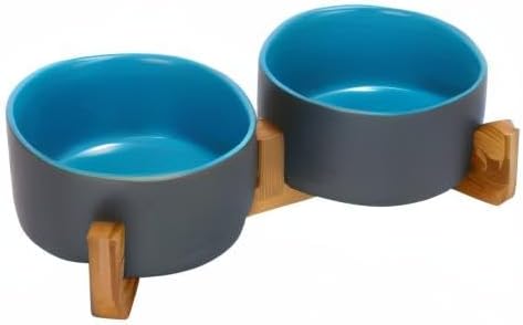 SPUNKYJUNKY Ceramic Dog and Cat Bowl Set with Wooden Stand, Modern Cute Weighted Food Water Set for Small Size Dogs (13.5OZ) & Medium Sized Dogs (28.7OZ) & Cats (3.6 Cups, 2 × Blue-Grey)-Mewly Pet