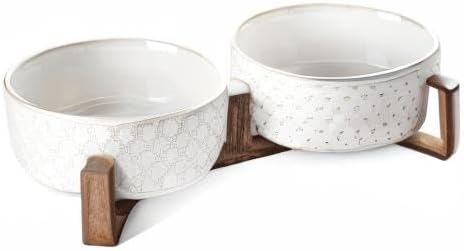 Dog Bowls Ceramic for Small Medium Dogs - 3-Cup Dual Food & Water Bowl Set with Acacia Wood Stand, Non-Slip Anti-Tip Elevated Design-Mewly Pet