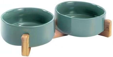 SPUNKYJUNKY Ceramic Dog and Cat Bowl Set with Wooden Stand, Modern Cute Weighted Food Water Set for Small Size Dogs (13.5OZ) & Medium Sized Dogs (28.7OZ) & Cats (1.7 Cups, 2 × Morandi Green)-Mewly Pet