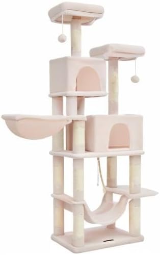 Taoqimiao Cat Tree, 66.2-Inch Cat Tower for Indoor Cats, Plush Multi-Level Cat Condo with 12 Scratching Posts, 2 Perches, 2 Caves, Hammock, 2 Pompoms, Jelly Pink MS013P-Mewly Pet