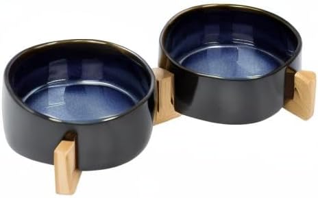 SPUNKYJUNKY Ceramic Dog and Cat Bowl Set with Wooden Stand, Modern Cute Weighted Food Water Set for Small Size Dogs (13.5OZ) & Medium Sized Dogs (28.7OZ) & Cats (1.7 Cups, 2 × Starry Blue)-Mewly Pet