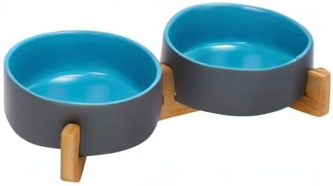 SPUNKYJUNKY Ceramic Dog and Cat Bowl Set with Wooden Stand, Modern Cute Weighted Food Water Set for Small Size Dogs (13.5OZ) & Medium Sized Dogs (28.7OZ) & Cats (1.7 Cups, 2 × Blue-Grey)-Mewly Pet