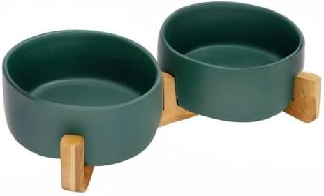 SPUNKYJUNKY Ceramic Dog and Cat Bowl Set with Wooden Stand, Modern Cute Weighted Food Water Set for Large Size Dogs (7.6 Cups, 2 × Green)-Mewly Pet