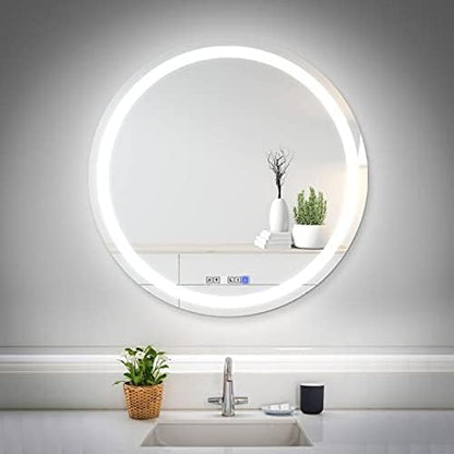 LED Round Bathroom Mirror, Wall Mounted Vanity Makeup Mirror with Anti Fog, Dimmable Touch Button, Adjustable Color Temperature, Memory Function 28 Inch by Fab Glass and Mirror