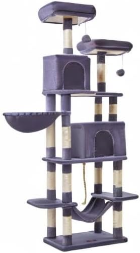 Taoqimiao Cat Tree, 71.7-Inch Cat Tower for Indoor Cats, Plush Multi-Level Cat Condo with 13 Scratching Posts, 2 Perches, 2 Caves, Hammock, 2 Pompoms,Smoky Gray MS013LG-Mewly Pet