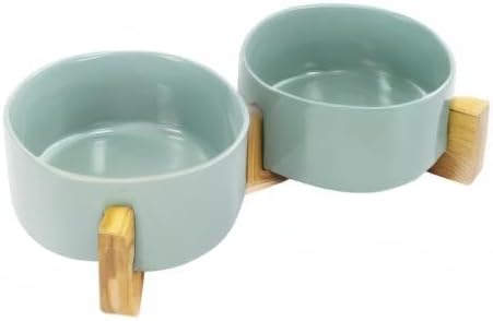 SPUNKYJUNKY Ceramic Dog and Cat Bowl Set with Wooden Stand, Modern Cute Weighted Food Water Set for Small Size Dogs (13.5OZ) & Medium Sized Dogs (28.7OZ) & Cats (3.6 Cups, 2 × Morandi Green)-Mewly Pet