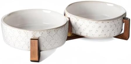 LE TAUCI Dog Bowl Set with Acacia Wood Stand - 1.5-Cup Ceramic Puppy Bowls for Small Dogs, Dual Food and Water Bowls with Weighted Non-Slip Base, Clover-Mewly Pet