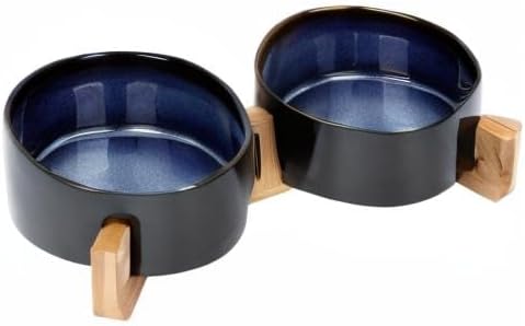 SPUNKYJUNKY Ceramic Dog and Cat Bowl Set with Wooden Stand, Modern Cute Weighted Food Water Set for Small Size Dogs (13.5OZ) & Medium Sized Dogs (28.7OZ) & Cats (3.6 Cups, 2 × Starry Blue)-Mewly Pet