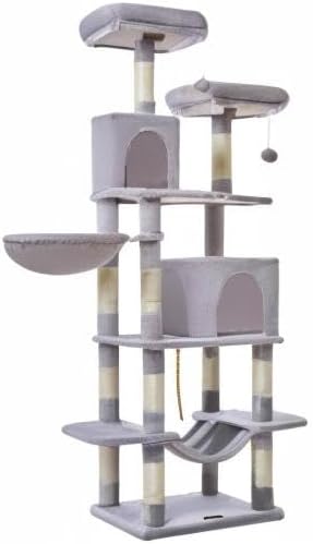 Taoqimiao Cat Tree, 71.7-Inch Cat Tower for Indoor Cats, Plush Multi-Level Cat Condo with 13 Scratching Posts, 2 Perches, 2 Caves, Hammock, 2 Pompoms,Light Gray MS013LW-Mewly Pet