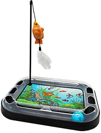 Cat Scratching Toy with Scratcher Board and Fish Aquarium Design, Fun and Exciting Catnip Cat Toy, Floppy Fish Toy with Feathers and Catnip Included-Mewly Pet