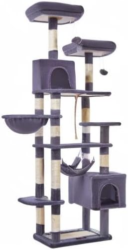 Taoqimiao Cat Tree, 71-Inch Cat Tree Cat Tower for Indoor Cats, Plush Multi-Level Cat Condo with 10 Scratching Posts, 2 Perches,Basket, 2 Caves,Hammock, 2 Pompoms,MS020G Beige Smoky Gray-Mewly Pet