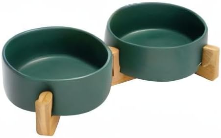 SPUNKYJUNKY Ceramic Dog and Cat Bowl with Wood Stand Non-Slip Matte Glaze Weighted Food Water Set for Cats &Small Dogs 13.5 OZ Green-Mewly Pet