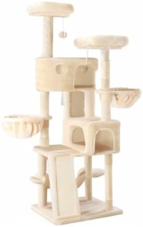 MUTICOR 66 Inches Multi-Level Large Cat Tree Tower for Indoor Big Feline/Cozy Plush Perches/Condo/Sisal Scratching Posts/Hammock and Baskets/Activity Center Play House/Wide Base/Beige-Mewly Pet