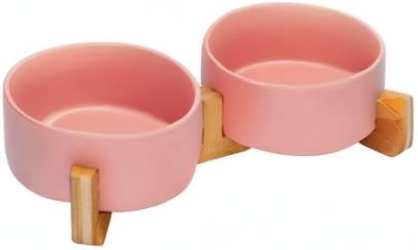 SPUNKYJUNKY Ceramic Dog and Cat Bowl with Wood Stand Non-Slip Matte Glaze Weighted Food Water Set for Cat Medium Dog 28.7 OZ-Mewly Pet