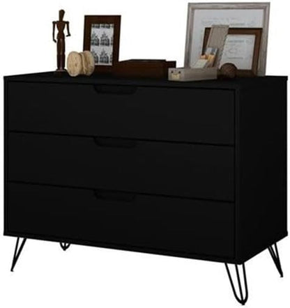 Manhattan Comfort Rockefeller 3 Drawer Dresser for Bedroom Storage, Nursery, Closet, Living Room, Entryway, TV Stand for Screens up to 32 Inches, Anti-Tip Kit Included, Set of 1, Black