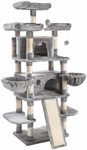 SHA CERLIN 68 Inches Multi-Level Large Cat Tree for Large Kitties/Big Cat Tower with Condo/Cozy Plush ‌Pussycat Perches/Sisal Scratching Posts and Hammocks/Activity Center/Grey-Mewly Pet