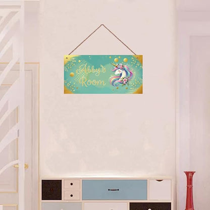 Personalized Magic Rainbow Unicorn Door Sign Girls Bedroom Kids Nursery Wall Decor Custom Name Art Wooden Plaque For Home Kitchen Garden Yard Wall Front Door Decor