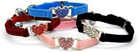 CHUKCHI Pink Soft Velvet Safe Cat Adjustable Collar with Crystal Heart Charm and Bells 8-11 Inches(Black+Red+Pink+Blue)-Mewly Pet