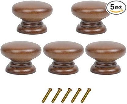 5PCS Round Wood Drawer Knob,Dresser Furniture Drawers 33mm Dia,Walnut Cabinet Pulls Handles with Screws Hardware for Drawer Wardrobe Dresser