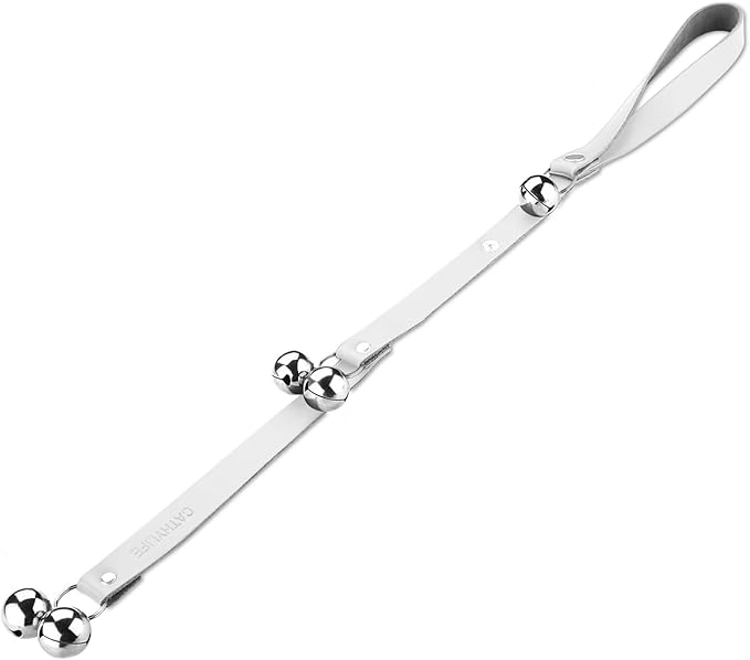 Leather Dog Doorbells for Door Knob/Potty Training/Go Outside, Length Adjustment Copper Dog Bell, Housetraining Hanging Bell, White Leather Silver Bells-Mewly Pet