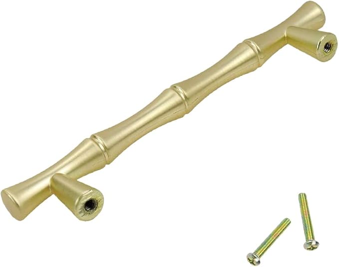 10pcs Cabinet Handles Hole Centers 3-3/4", Bamboo Shape Kitchen Cupboard Dresser Closet Drawer Door Pulls Gold