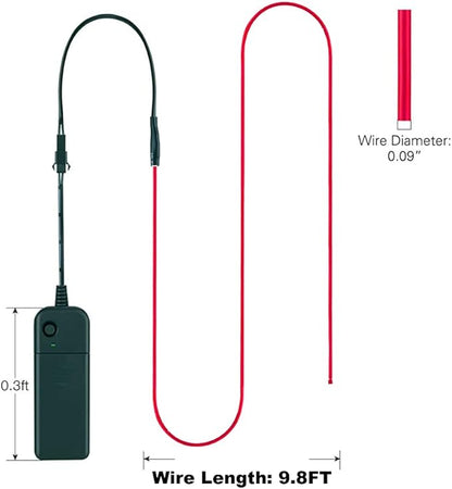 MaxLax EL Wire Red, 9.8ft/3m Portable Battery Pack Neon Light Strip 360° Cuttable Glowing Rope Lights for Parties, Halloween, DIY Decoration