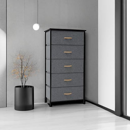 Crestlive Products Vertical Dresser Storage Tower - Sturdy Steel Frame, Wood Top, Easy Pull Fabric Bins - Wide Organizer Unit for Bedroom, Hallway, Entryway, Closets - 5 Drawers(Gray)