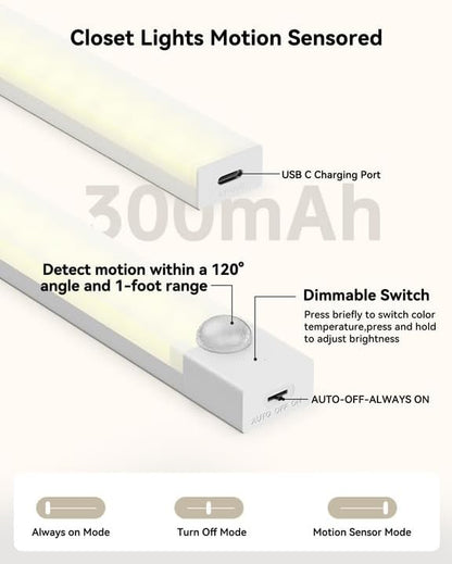 Under Cabinet Lighting 12 Inches Rechargeable Motion Sensor Light Indoor, 3 Color Dimmable Closet Light Battery Operated, USB Stick on LED Magnetic Under Counter Lights for Kitchen Stair, 3Packs