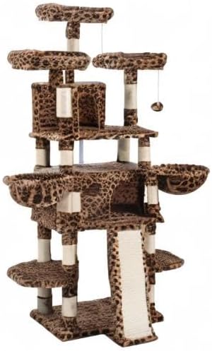 SHA CERLIN 68 Inches Multi-Level Large Cat Tree for Large Kitties/Big Cat Tower with Condo/Cozy Plush ‌Pussycat Perches/Sisal Scratching Posts and Hammocks/Activity Center/Leopard Print-Mewly Pet