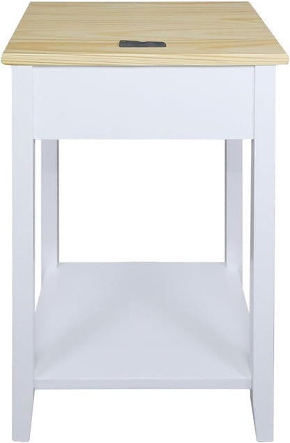 Casual Home Owl Night Stand with USB Port Charging Station and Drawer, 17.5" W x 14.25" D x 24.5" H, Natural White