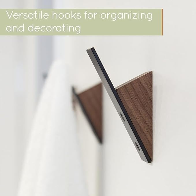 Homeforia Walnut Wood Coat Hooks, High End Walnut Wood & Black Metal Wall Mounted Coat Hooks, Mid-Century Modern Clothes Hooks, Heavy Duty Wooden Hooks for Hanging Coats, Hats, Towels & More, Set of 4