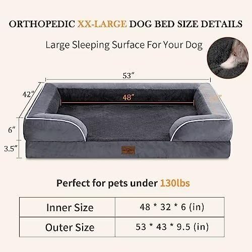 Comfort Expression Dog Beds Memory Foam, XXL Orthopedic Waterproof Dogs Beds, Giant Washable Dog Beds with Bolster & Removable Cover(XX-Large,Leaden Grey)-Mewly Pet