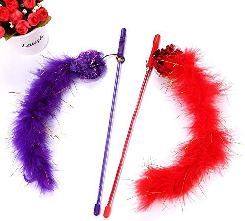 PETCTN Red Cat Teasing Stick Toy - Interactive Stick with Sparkly Feather Boa & Crinkle Ball for Indoor Cat Training & Fun-Mewly Pet