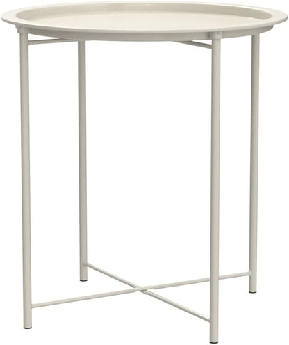 VECELO Side/End Table, Folding Round Metal Anti-Rust and Waterproof Outdoor or Indoor Tray for Living Room Bedroom Balcony and Office, 2 PCS, Beige