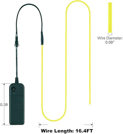 MaxLax EL Wire Fluorescen Green, 16.4ft/5m Portable Battery Pack Neon Light Strip 360° Cuttable Glowing Rope Lights for Parties, Halloween, DIY Decoration