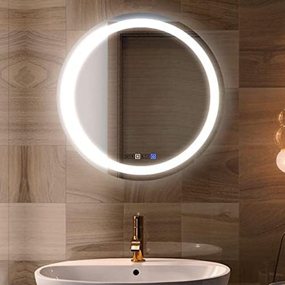 LED Round Bathroom Mirror, Wall Mounted Vanity Makeup Mirror with Anti Fog, Dimmable Touch Button, Adjustable Color Temperature, Memory Function 28 Inch by Fab Glass and Mirror