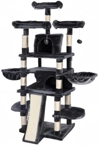 SHA CERLIN 68 Inches Multi-Level Large Cat Tree for Large Kitties/Big Cat Tower with Condo/Cozy Plush ‌Pussycat Perches/Sisal Scratching Posts and Hammocks/Activity Center/Dark Grey-Mewly Pet