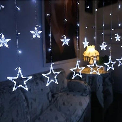 Star Curtain Lights for Bedroom - Plug-in 9ft 138 LED Fairy Twinkle Lights with 12 Star Drops, Connectable Window Lights with Remote 8 Lighting Modes for Indoor Xmas Ramadan Decoration, White