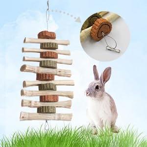 4 PCS Rabbit Chew Toys for Teeth Grinding, Delicious Bunny Cage Hanging Chew Toys, Natural Sweet Bamboo Chew Sticks and Timothy Grass Cake Hay Treats Maintaining Healthy Teeth for Rabbits-Mewly Pet