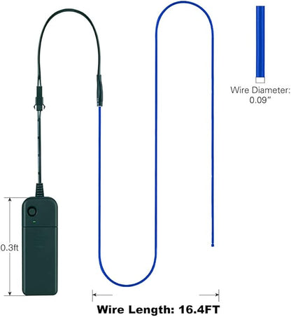 MaxLax EL Wire Blue, 16.4ft/5m Portable Battery Pack Neon Light Strip 360° Cuttable Glowing Rope Lights for Parties, Halloween, DIY Decoration