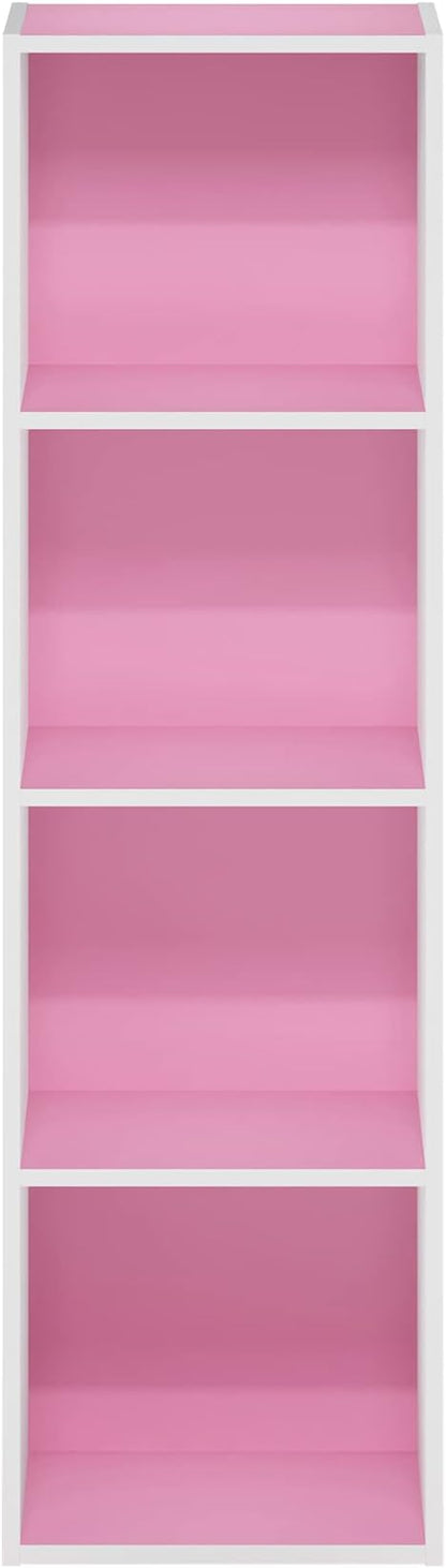 Furinno PASIR Book Shelf, 4-Tier Modern Bookshelf, Open Shelves Bookcase 9" x 12" x 42", for Living Room, Bedroom, Home Office, Pink/White